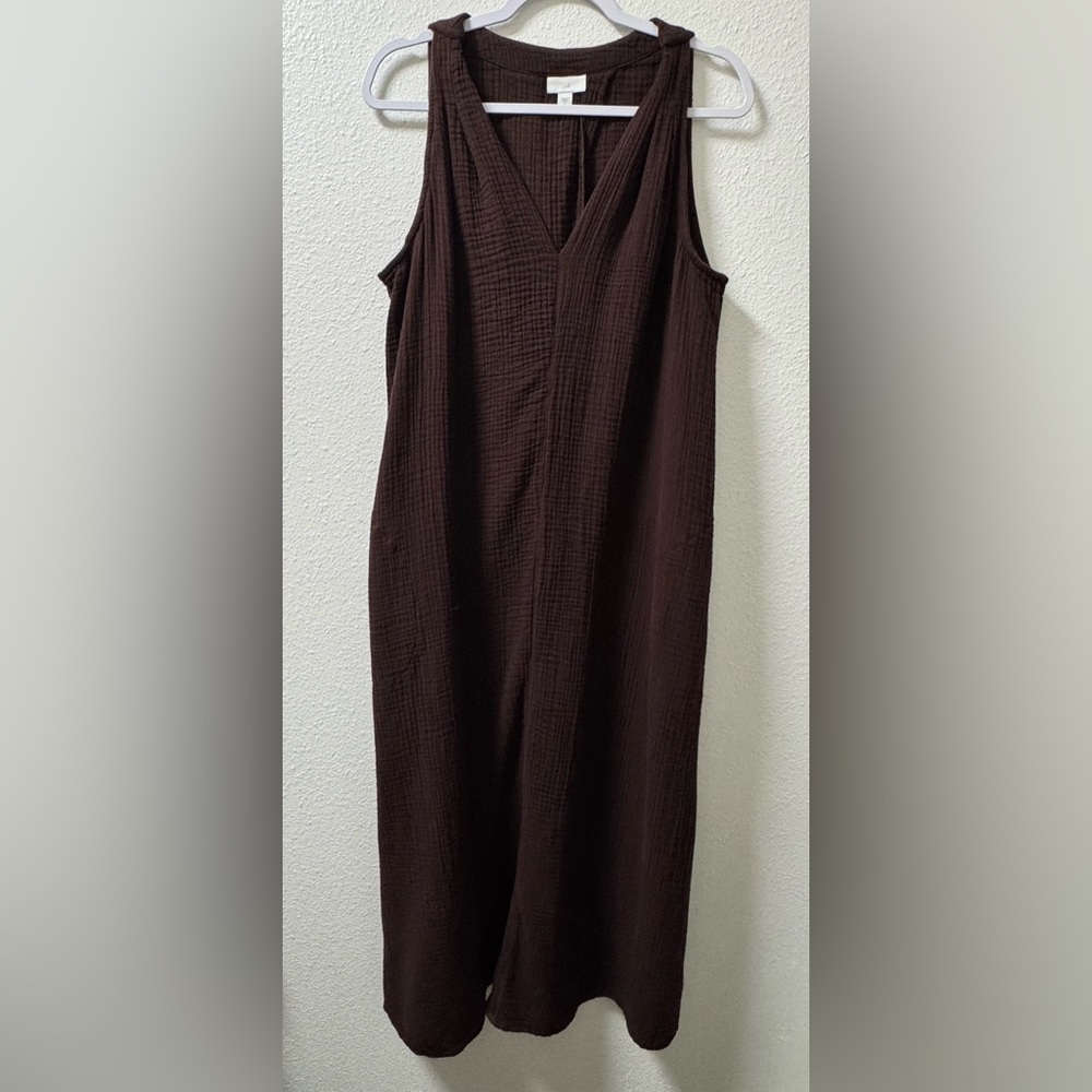 J. Jill Maxi Dress Muslin Cotton V-Neck Sleeveless Pockets Brown Women's Large